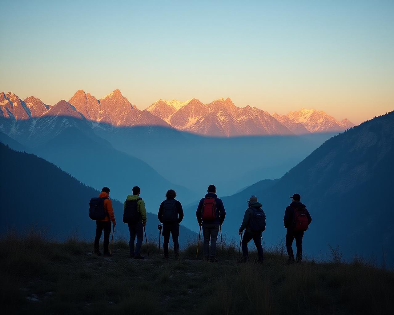 Majestic mountain range with hikers at dawn