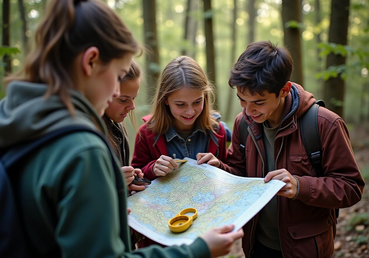 Students learning outdoor navigation in a lush forest