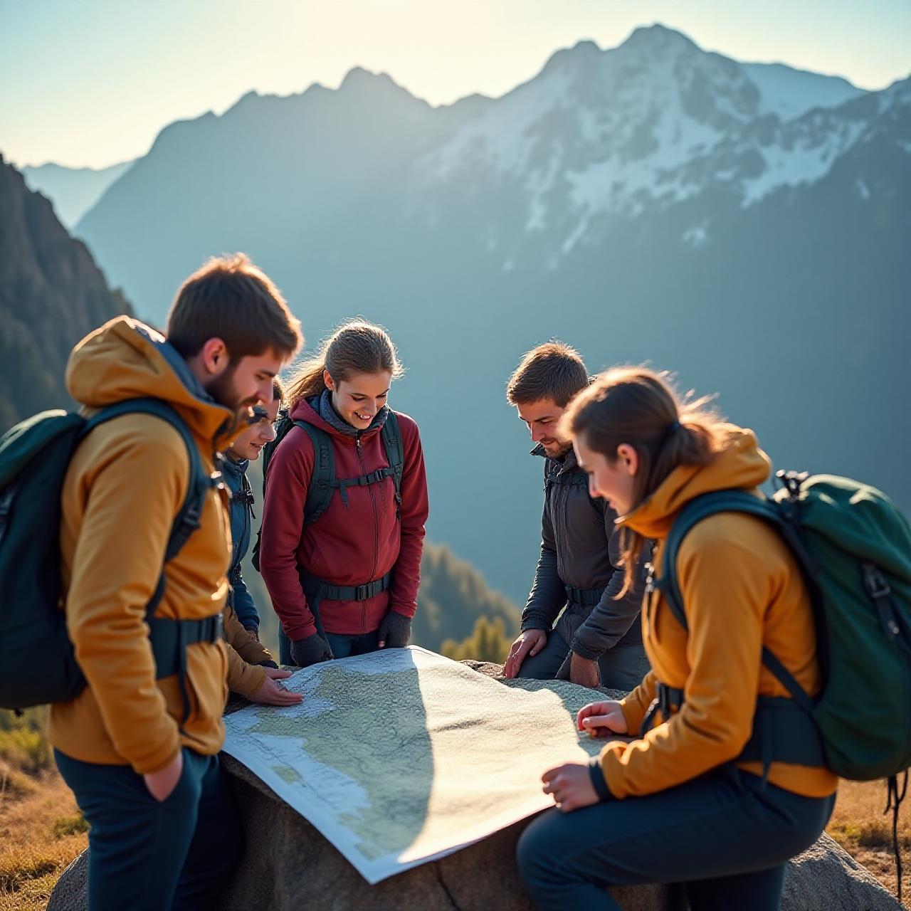 Expedition group reviewing maps in a mountain basecamp