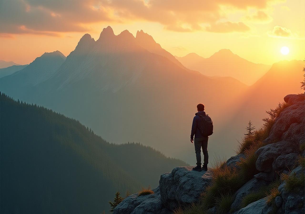 Outdoor hiker overlooking a vast valley at golden hour