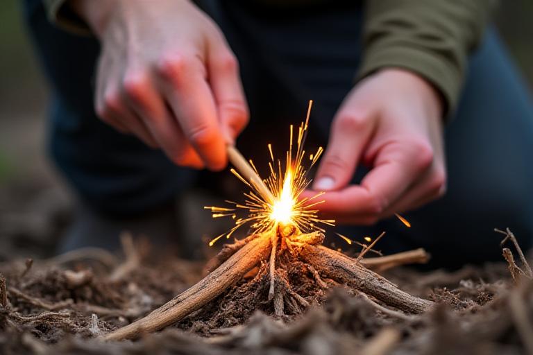 Students learning fire starting techniques