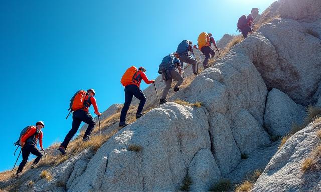 Hikers climbing a steep rocky path